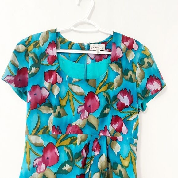 🟢Papell Petites 100% Silk Turquoise Teal Floral Sheath Dress Size 8 - Picture 6 of 7